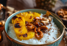 Aprenda com O Cheffe a fazer Risoto Doce de Coco com Abacaxi Caramelizado e Crocante de Castanha