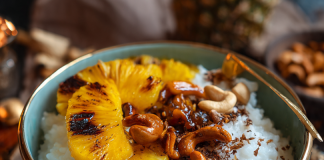 Aprenda com O Cheffe a fazer Risoto Doce de Coco com Abacaxi Caramelizado e Crocante de Castanha